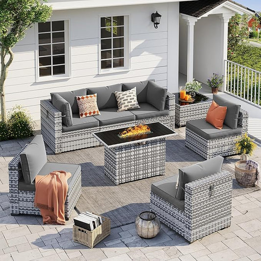 UDPATIO Patio Furniture Set with Fire Pit Table, 8 Pcs Outdoor Sectional Sofa, PE Wicker Patio Conversation Set for Garden, Backyard (Grey Cushions with Grey Rattan)