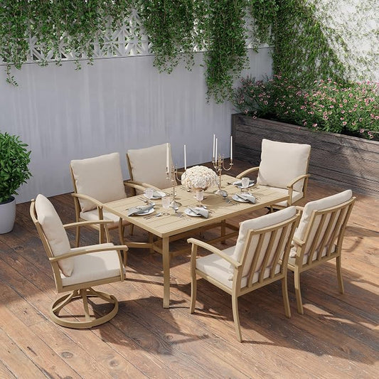 HAPPATIO 7 Piece Patio Dining Set, Aluminum Outdoor Dining Set for 6, Patio Furniture Sets, 2 Swivel Dining Chairs, 4 Dining Chairs, Aluminum Furniture Set for Patio, Yard (Beige)