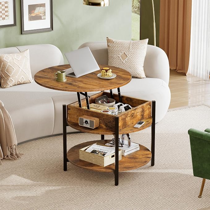 WLIVE Round Lift Top Coffee Table with Storage Shelf and Hidden Compartment, Farmhouse Small Coffee Table with 2 Tier for Living Room and Home Office, Rustic Brown