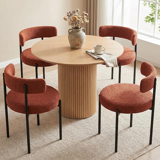 Boucle Dining Chairs Set of 4, Rust Dining Chairs with Upholstered Seat and Round Back, Mid-Century Modern Kitchen Chairs for Dining Room, Restaurant