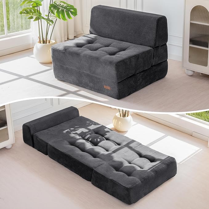 MAXYOYO 8" Folding Sofa Bed, Fold Out Chair Bed, Convertible Floor Sofa Couch, High-Density Foam Tufted Lounge Couch for Living Room Bedroom Dorm, Single, Dark Grey