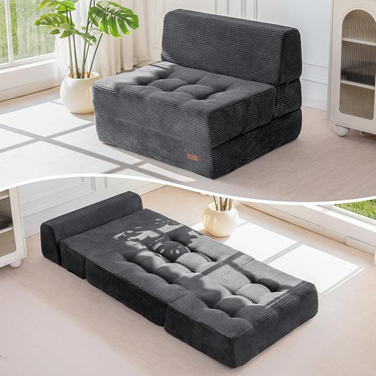 MAXYOYO 8" Folding Sofa Bed, Fold Out Chair Bed, Convertible Floor Sofa Couch, High-Density Foam Tufted Lounge Couch for Living Room Bedroom Dorm, Single, Dark Grey