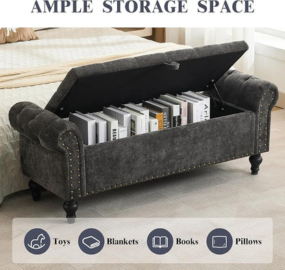 51" Storage Bench for Bedroom, Upholstered Ottoman Bench, Chenille DarkGray | End of Bed Bench for Bedroom, Window Benches for Living Room, Entryway, Ottoman with Large Storage Space, Pet Friendly