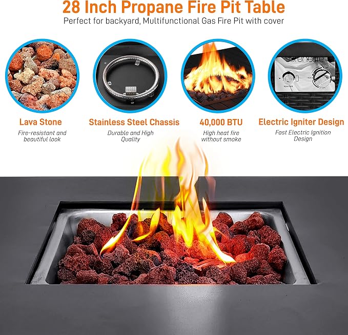 SereneLife 28 Inch Propane Gas Fire Pit Table 40000 BTU with Cover, Stainless Steel Burner, Adjustable Flame, Weather-Resistant Design, Easy Assembly for Patio or Backyard