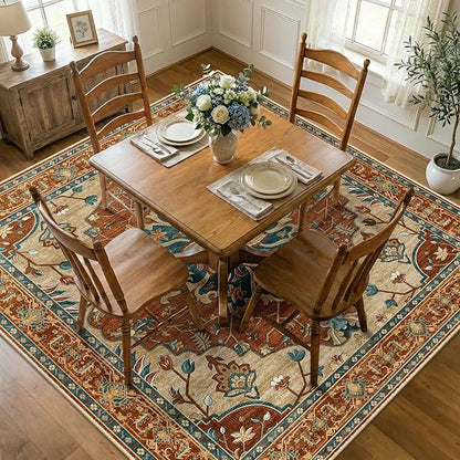 RELEANY Area Rugs Square 8ft Washable Non-Slip, Floral Vintage Distress Medallion Carpet for Living Room Bedroom Dining Room, Red Orange Blue Brown