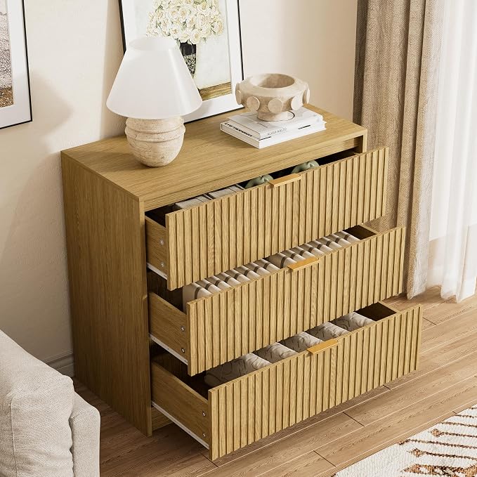 Furniway 3 Piece Bedroom Set, 9 Drawer Dresser and 3-Drawer Nightstand Set of 2 with Gold Handles, Mid-Century Modern Wood Chest of Drawers Storage Cabinet for Bedroom, Natural Oak
