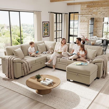 Ihanherry 108" Modular Sectional Sofa with Pull Out Bed, 6-Seater U Shaped Sectional Sleeper Couch with Storage Ottoman, Chenille Convertible Couches for Living Room, Apartment (Sand)