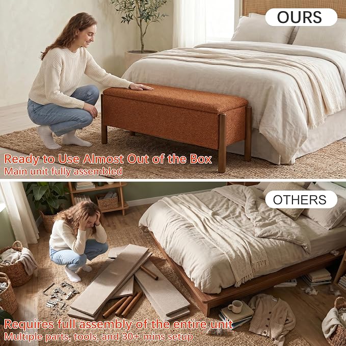 Modern Storage Benches with Walnut Wood Legs, 47'' Ottoman Bench with 20 Gallons Storage Space for Bedroom End of Bed, Fabric Upholstered Entryway Bench with Seating for Livingroom, Orange