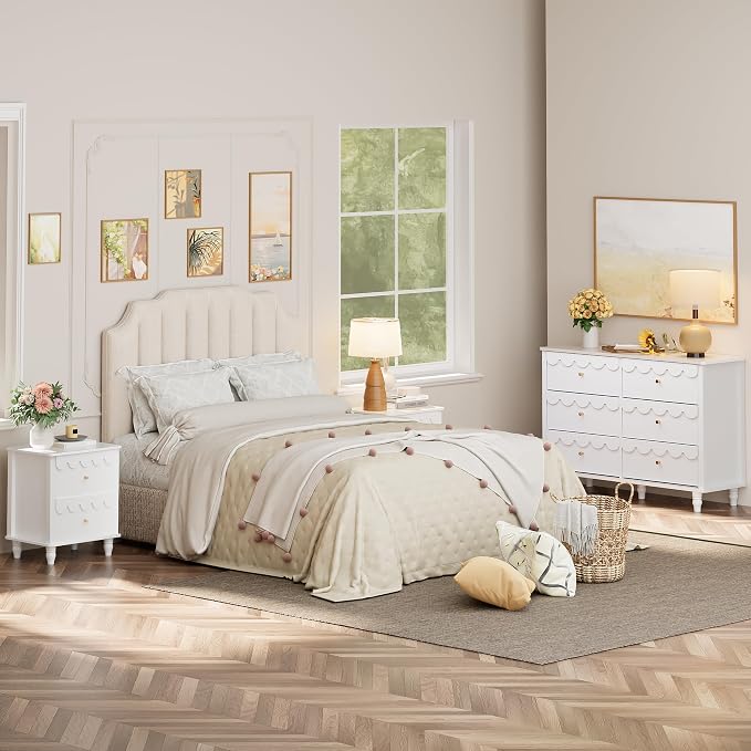 Anbuy Bedroom Sets 2 PCS White 6 Drawer Dresser and Night Stand Sets for Bedroom, Two Drawers Nightstand & Scalloped 6 Drawer Dresser Combo 2 Pieces (White)