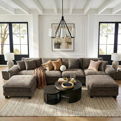 HERA'S HOUSE 158" Oversized Modular Sectional Sofa, Comfy U Shaped Couches for Living Room, Cloud Couch with Ottoman, 6-Seater Deep Seat Sofa with Throw Pillow, Chenille Ash