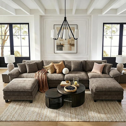HERA'S HOUSE 158" Oversized Modular Sectional Sofa, Comfy U Shaped Couches for Living Room, Cloud Couch with Ottoman, 6-Seater Deep Seat Sofa with Throw Pillow, Chenille Ash