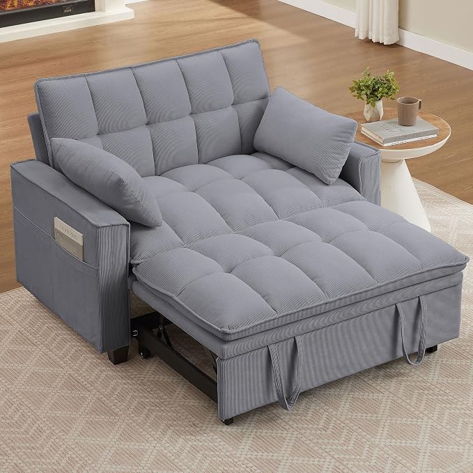 Sleeper Sofa with Pull Out Couch Bed, 48.43" Convertible Pull-Out Sofa Bed Chair, 3-in-1 Futon Couch with Reclining Backrest and Side Pockets for Living Room Bedroom Apartment, Light Grey