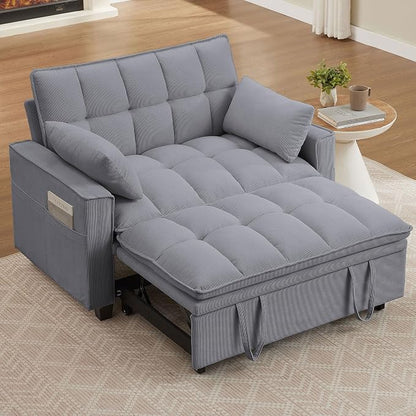 Sleeper Sofa with Pull Out Couch Bed, 48.43" Convertible Pull-Out Sofa Bed Chair, 3-in-1 Futon Couch with Reclining Backrest and Side Pockets for Living Room Bedroom Apartment, Light Grey