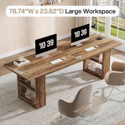 Tribesigns 2-Person Desk, 79-Inch Extra Long Office Desk with Storage Shelves, Work Table, Conference Table for Home Office, Natural Brown