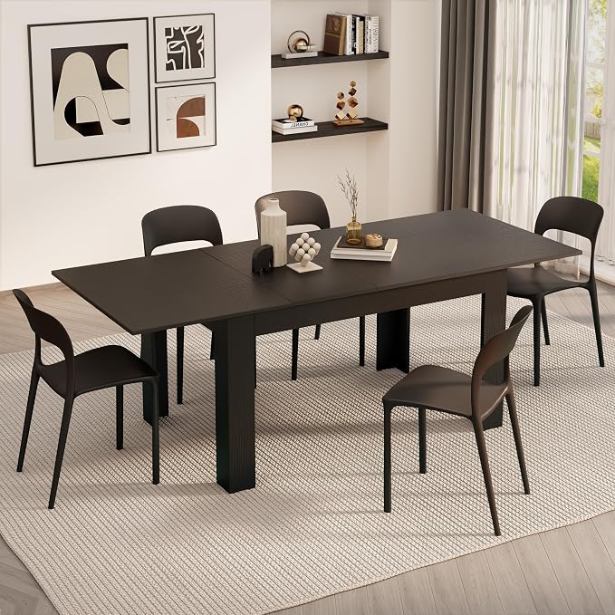 Mobili Fiver, Easy, Extendable Dining Table, 55.1(86.6) x35.4 in, Ashwood Black, for 6-8 People, Expandable Dining Table for Kitchen, Italian Furniture
