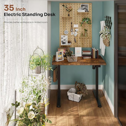 Monomi Small Electric Standing Desk, 35" x 24" Whole Piece Height Adjustable with Memory Controller, Sit to Stand Desk Workstation for Home Office,Rustic Brown