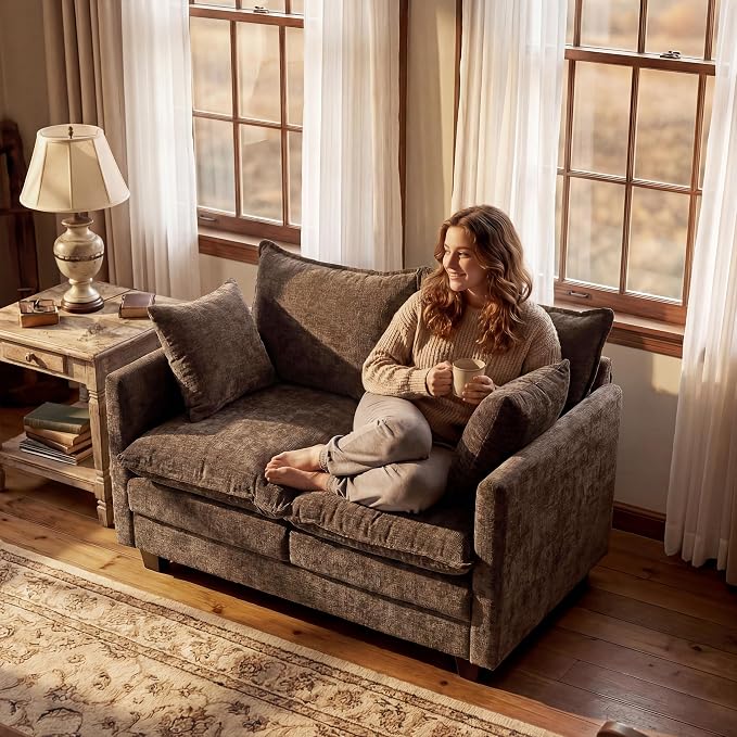 Loveseat Sofa with Cloud 3-Layer Cushion & 27" Deep Seat, Modern Love Seat Small Couch with 2 Washable Pillows for Small Spaces, Bedroom, Apartment, Office, Living Room, in a Box, 50-Inch Cocoa Brown