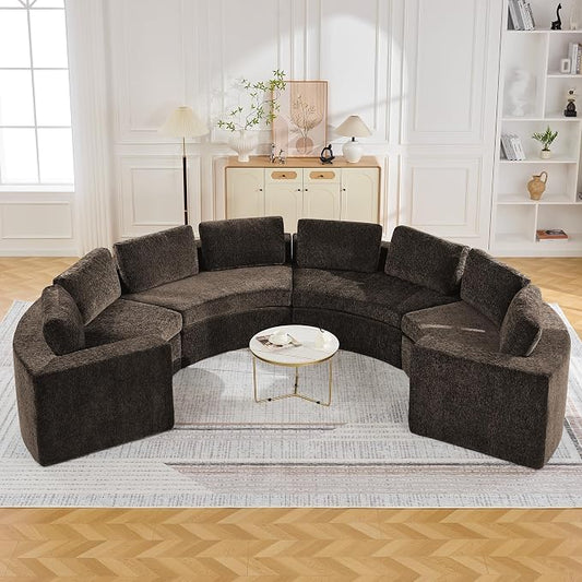 WUTUTUEE 142'' Curved Round Boneless Couch, Oversized Half Moon Sofa with Deep Seat & Arms, Chenille Modular Sectional Sofa with Pillows, Upholstered Comfy 8 Seat Couch for Living Room, Brown