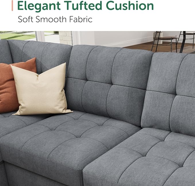 HONBAY Modular Sectional Sleeper Sofa with Pull Out Bed, U Shaped Sleeper Couches with Storage Chaise, 114'' Sleeper Sectional Sofas for Living Room, Apartment (Bluish Grey)