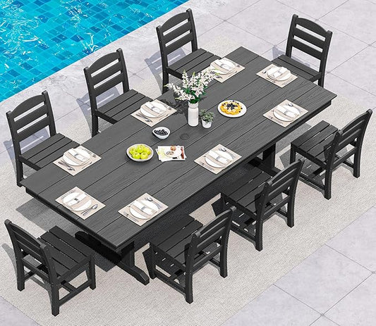 SERWALL 9 Piece 84" HDPE Outdoor Dining Set for 8 with Armless Chairs and Umbrelle Hole, Black