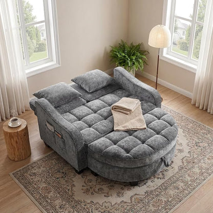 ERYE Chenille Tufted Loveseat Sofa and Ottoman Set, Tufted Recliner Sleeper Chaise Lounge with Curved Storage Ottoman,Reclining Backrest and Side Pockets, 4 Pillows