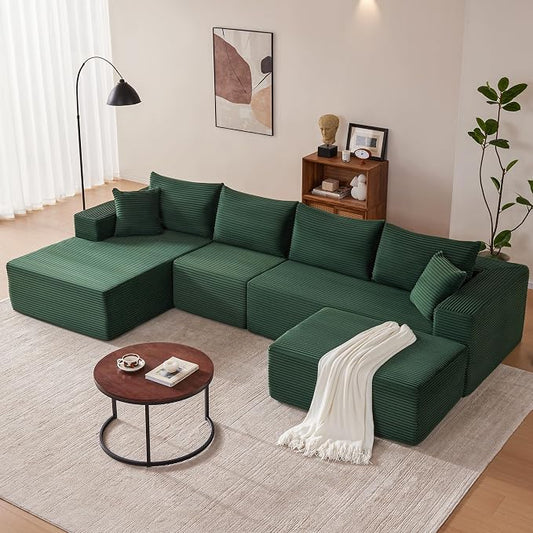 Mangodan 140” Cloud Sectional Couch, Modular Sectional Sofa with Deep Seat, Boneless Sofa for Living Room, Fluffy Comfy U-Shaped Couch with Left Facing Chaise, No Assembly Required, Green