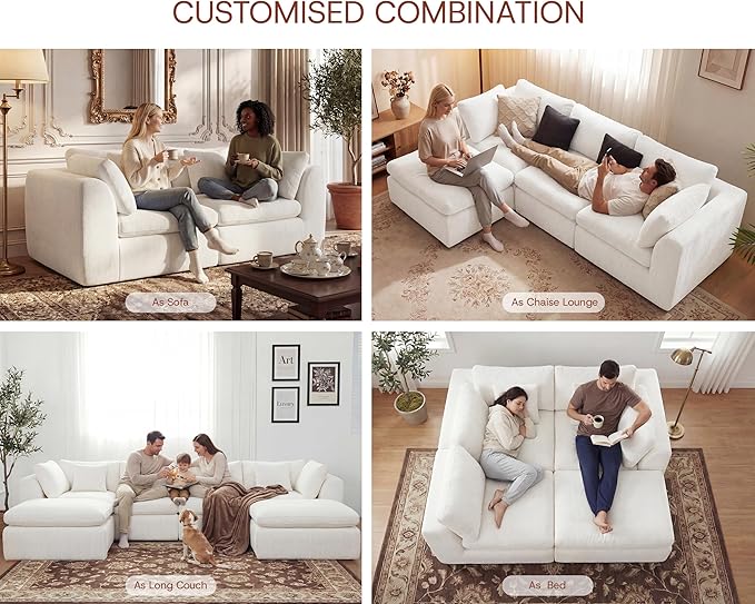 GRUSIGN 110'' Oversized Boneless Cloud Couch for Living Room, Modern Big Sectional Compressed L Shape Couch with Ottoman, Comfy Chenille Deep Seat Memory Foam Spineless 4 Seater Sofa, Beige