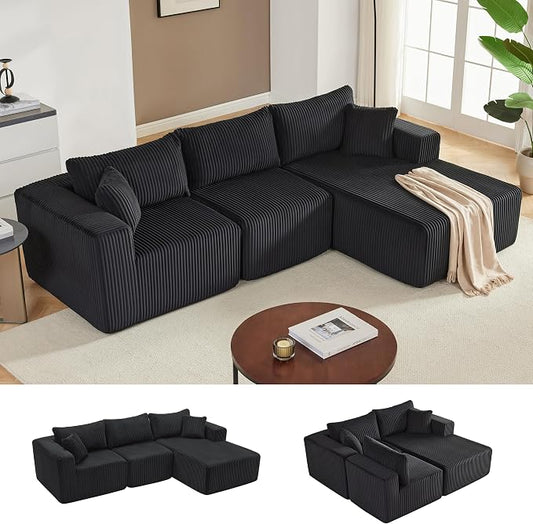 Weture 97" Modular Sectional Sofa, L-Shaped Boneless Couch with Deep Seat, Cozy Cloud Couch Sectional with Convertible Ottoman, Modern Sectional Couches for Living Room（ Black）