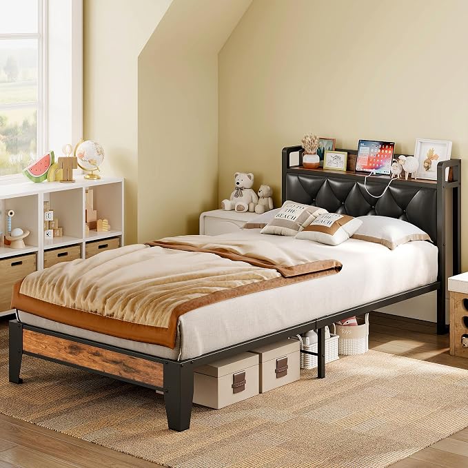 ANCTOR Twin XL Bed Frames, Storage Headboard with Outlets, Easy to Install, Sturdy and Stable, No Noise, No Box Springs Needed, Rustic Brown and Black