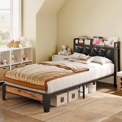 ANCTOR Twin XL Bed Frames, Storage Headboard with Outlets, Easy to Install, Sturdy and Stable, No Noise, No Box Springs Needed, Rustic Brown and Black