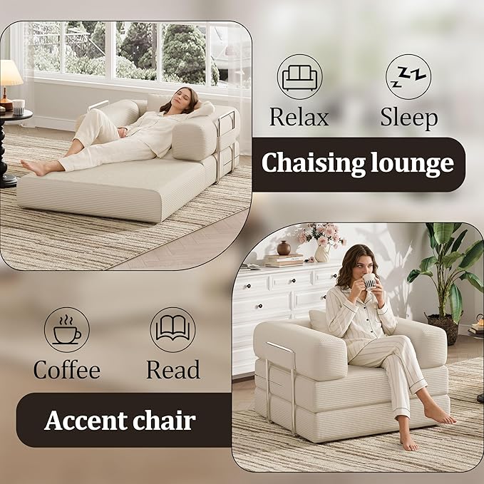 Single Couch Sofa for Small Spaces 2 in 1 Convertible Sofa to Lounger Comfy Bean Bag Chair for Adults with Removable Cover with Pillows for Bedroom, Apartment, Office (Beige, 35.43" Single Sofa)