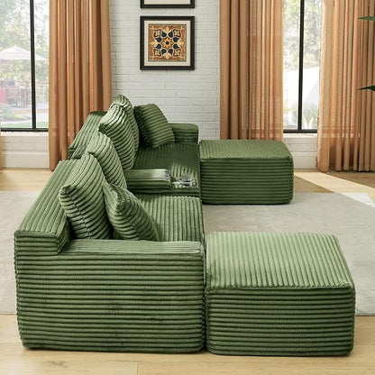 127" U-Shaped Cloud Sectional Couch Oversized Modular Compressed Boneless Sectional Sofa with Ottoman Chaise Lounges & Console, Plush Corduroy Boneless Symmetrical Sofa