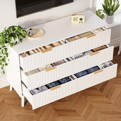 Fluted 6 Drawers Dresser for Bedroom, Wooden Wide Chest of Drawers with Metal Handle, Dresser TV Stand, Closet Storage Organizer for Entryway, Living Room, Hallway (White)