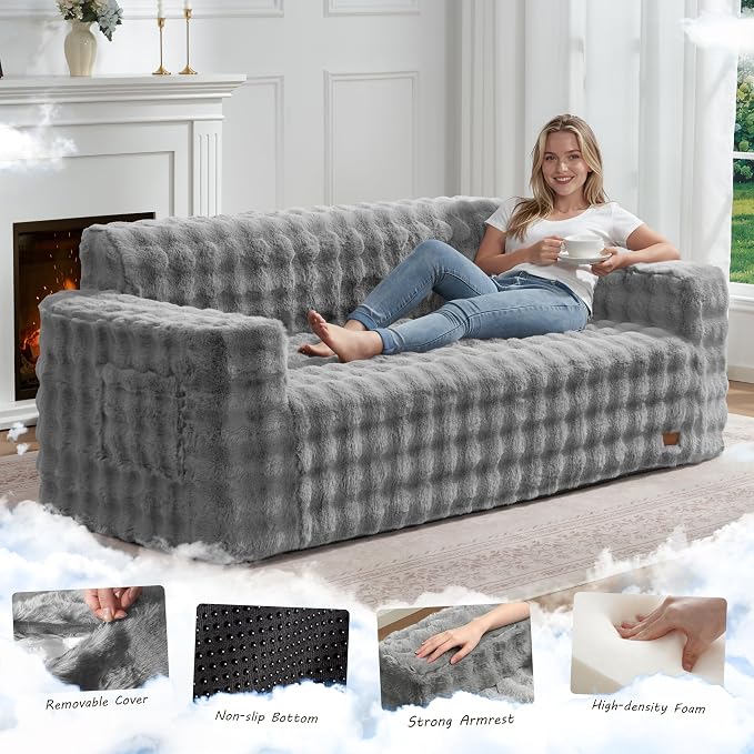 ZurNesfure Sofa Couch Cloud 3-Seater Memory Foam Couch with Pillow No Assembly Required, Modern Couch with Removable Washable Cover Boneless Sofas for Living Room Bedroom Apartment (Grey,3-Seater)