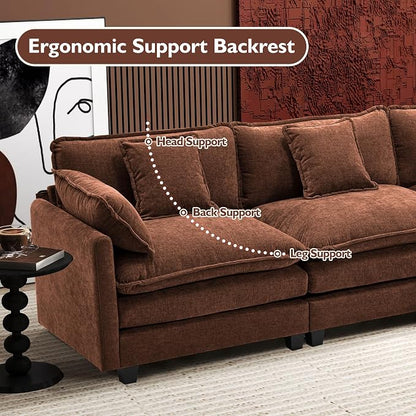 Ihanherry 111.4" L Shaped Modern Sofa Modular Sectional Luxurious and Comfortable with Ottoman, 4-Seat Chenille Deep Seat Sofa with Pillow for Living Room, Bedroom and Apartment, Brick Red