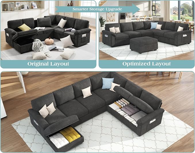 VanAcc 105" Sofa Bed, Sectional Sleeper Sofa with Pull Out Bed/Reclining Backrest, Sleeper Couch Bed with Storage, 6 Seater Couch Bed for Living Room, Chenille Dark Gray