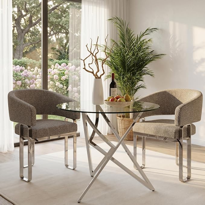 Dining Chairs Set of 2, Boucle Upholstered Dining Room Chairs, Grey Barrel Armchair with Curved Backrest and Polished Silver U-Shaped Legs（Only Chair）
