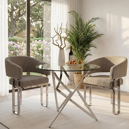 Dining Chairs Set of 2, Boucle Upholstered Dining Room Chairs, Grey Barrel Armchair with Curved Backrest and Polished Silver U-Shaped Legs（Only Chair）