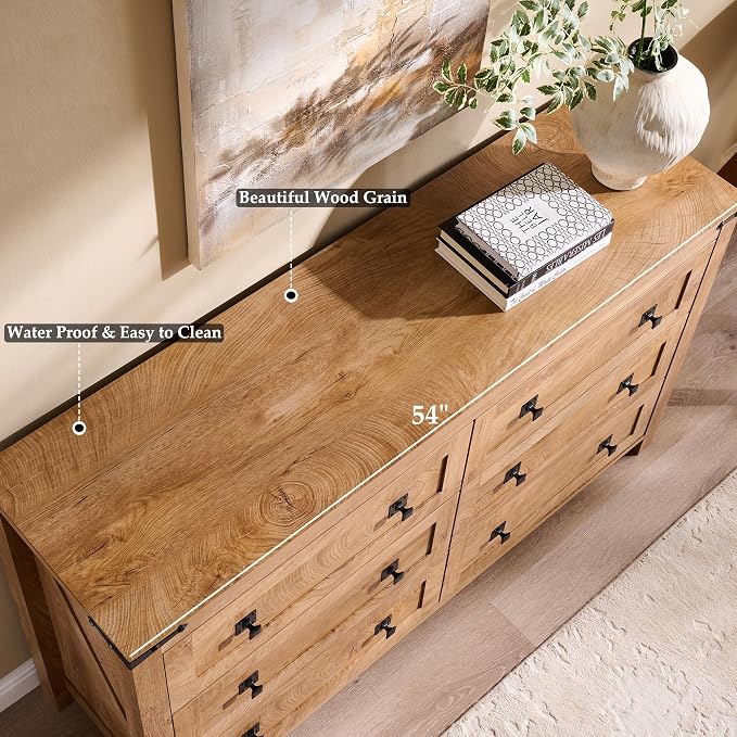T4TREAM 54" Wide Farmhouse 6-Drawer Dresser for Bedroom, Light Knotty Oak | Rustic, Wood Storage Cabinet, Metal Handle, Unique Corner Accent, Bedroom, Living Room, Hallway