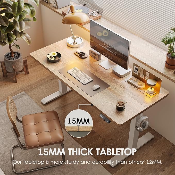 TIQLAB Electric Height Adjustable Standing Desk 47.2×23.6 inch, Sit Stand Desk for Work, Study, Memory Controller, White Frame & Maple Top Computer Workstation for Home Office