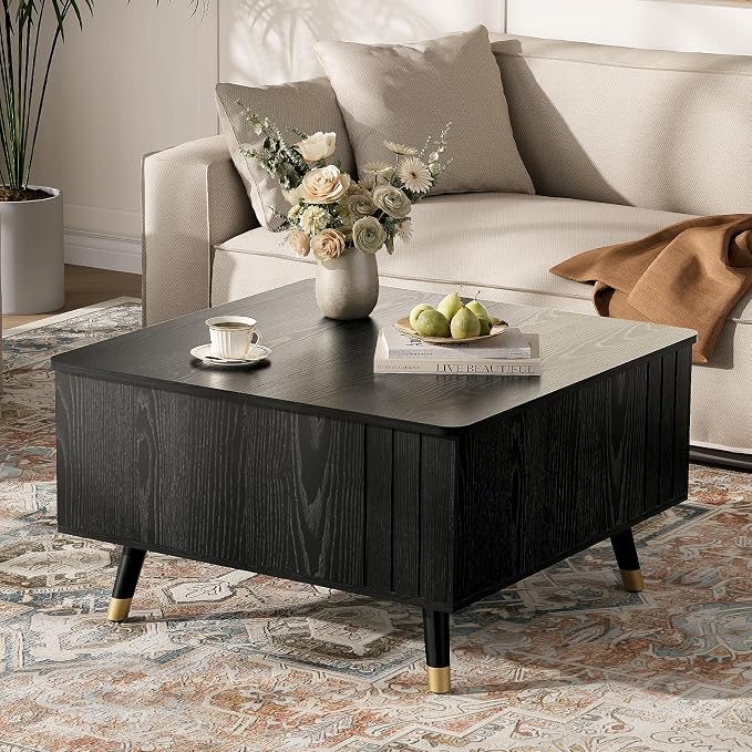 Lift Top Coffee Table with Storage, 32" Black Center Table for Living Room, Square Dinning Table with Solid Wood Legs