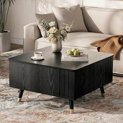 Lift Top Coffee Table with Storage, 32" Black Center Table for Living Room, Square Dinning Table with Solid Wood Legs