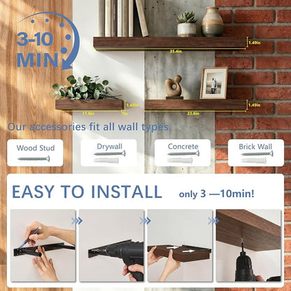 Floating Shelves, Walnut-Like Wooden Set of 3 Wall Mounted Bathroom Shelves Over Toilet, Modern Small Hanging Shelves for Bedroom Living Room Kitchen Rustic Home Decor, 12" x 7" x 1.5"