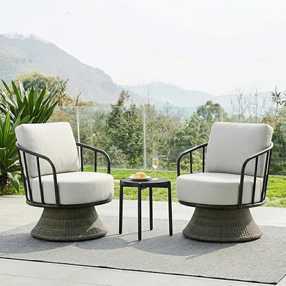 KISLOT 3 PCS Patio Furniture Set,Outdoor Swivel Chairs Set of 2 w/Side Table,Wicker Patio Bistro Set with Overstuffed Washable Cushions or Porch, Balcony, Deck, Dark Gray Rattan and light Gray Cushion