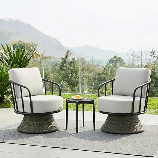 KISLOT 3 PCS Patio Furniture Set,Outdoor Swivel Chairs Set of 2 w/Side Table,Wicker Patio Bistro Set with Overstuffed Washable Cushions or Porch, Balcony, Deck, Dark Gray Rattan and light Gray Cushion