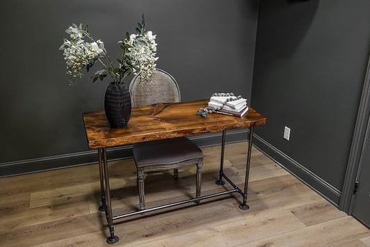 Industrial Pipe Desk Live Edge Top Vintage Table (Honey Pine) — Rustic Live Edge Slab Desk with Steampunk Pipe Legs