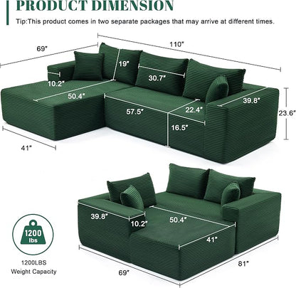 Mangodan 110” Cloud Sectional Couch, Modular Sectional Sofa for Living Room, Boneless Sofa with Deep Seat, Comfy Fluffy Couch with L-Shaped Chaise, No Assembly Required (Left-Facing Chaise, Green)