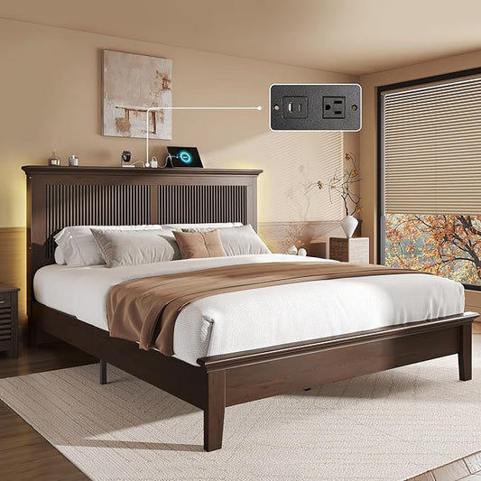 Lifezone Wood Queen Bed, Solid Wood Bed With Tall Headboard, American Vintage Design, Queen Bed With Charging Station & RGB LED, Wood Slats Support, Noise-Free, Sturdy Structure, Easy Assembly, Walnut