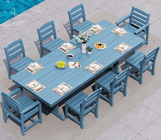 SERWALL 9 Piece 84" HDPE Outdoor Dining Set with 6 Armless Chairs, 2 Armchairs and Umbrella Hole for 8, Blue