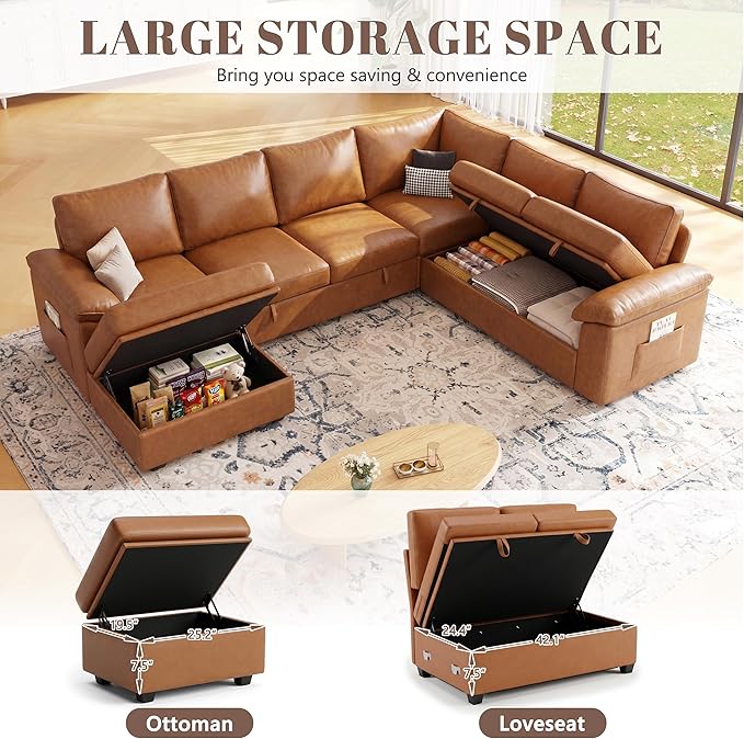 108 Inch Faux Leather Modular Sectional Sofa with Pull Out Bed,U Shaped 7 Seat Sectional Sleeper Sofa with Storage,Sectional Couches for Living Room,Cloud Modular Couch,Brown Leather